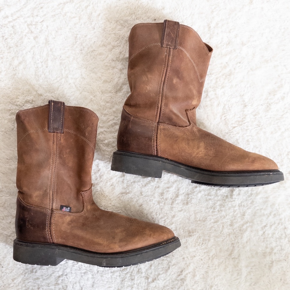 Justin Men’s Round-Up Pull-On Work Boots Size 9 Brown Leather - Picture 8 of 10